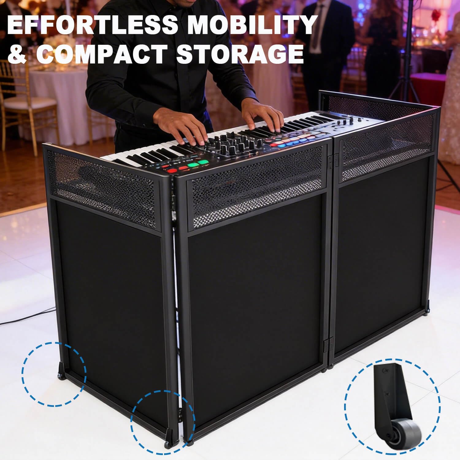 Mesa portátil de DJ con ruedas, cabina de fachada plegable de 45 pulgadas con paneles de esquina dobles y mesa de malla, soporte móvil para controlador de DJ con malla y bolsa de transporte para bodas