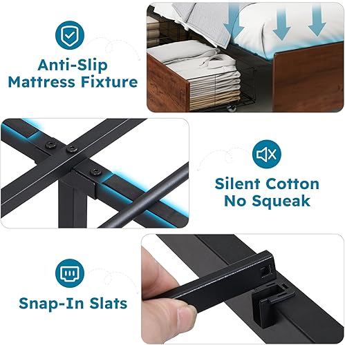 Miniatura 67 de Base de cama de tamaño matrimonial con cabecero, plataforma LED con 4 cajones de almacenamiento, estación de carga integrada, sin ruido, base de