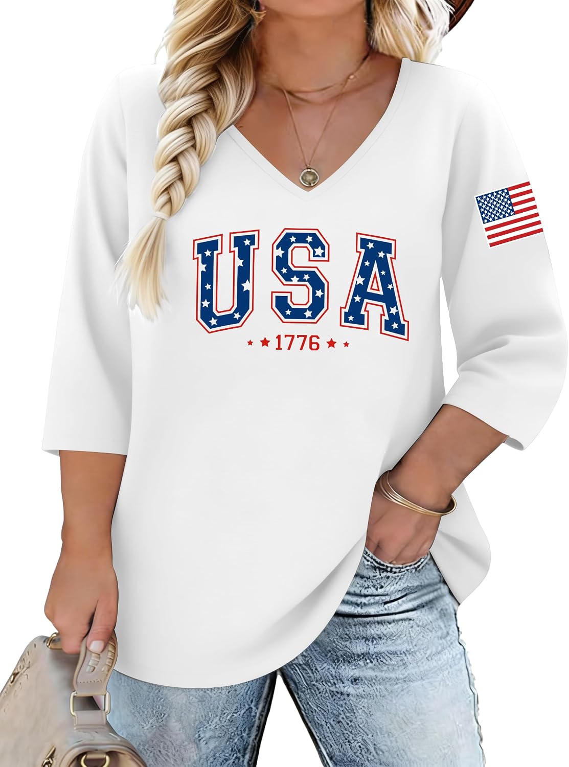 Plus Size 4th of July Shirts Women 250th Anniversary USA Shirt 1776 American Flag Patriotic Tee V Neck 3/4 Sleeve Tops