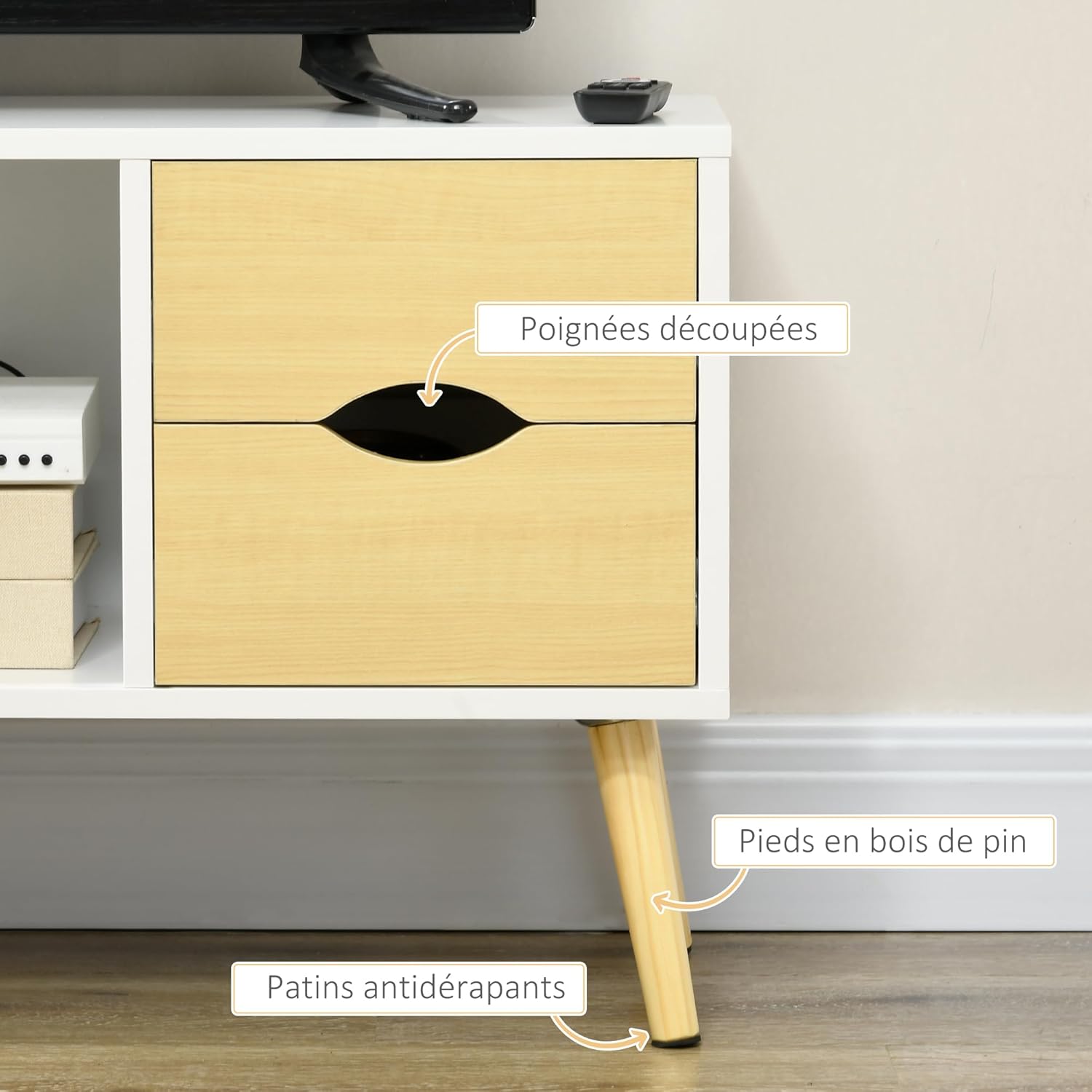 Close-up of the central niche of the HOMCOM TV Stand, highlighting the cable management hole at the back.