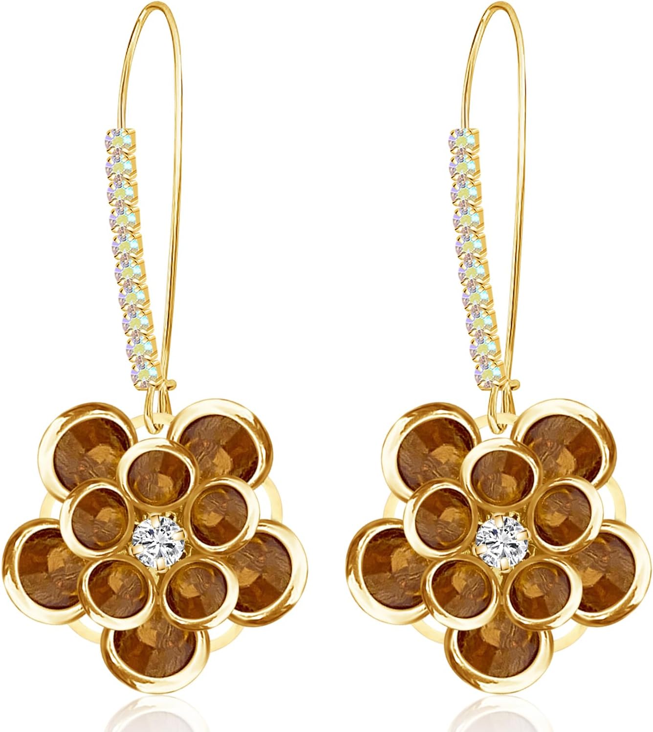 14K Gold Bohemian Sparkly Crystal Flower Dangle Drop Earrings Lightweight Rhinestone Camellia Flower Floral Hoop Earring for Women