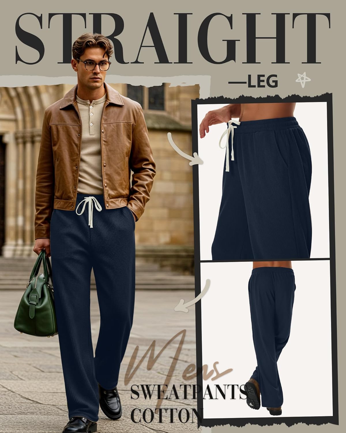 3 Pack Men's Waffle Pants Baggy Drawstring Casual Wide Leg Pants Elastic Waist Sweatpants with Pockets - Image 5