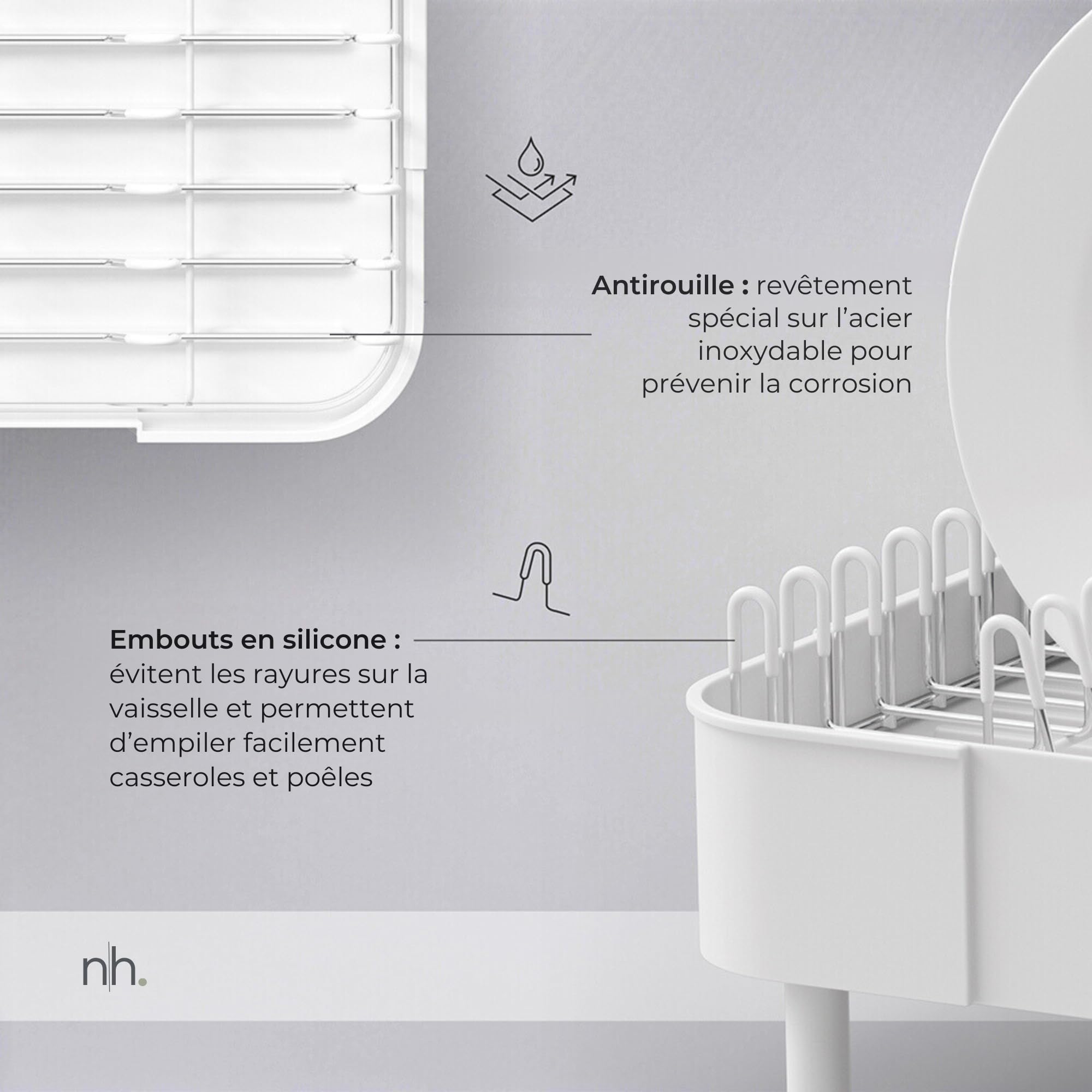 Égouttoir à Vaisselle Extensible INOX pour Évier, Blanc | Égouttoir vaisselle inox extensible 40,7-52 cm, bec d'évacuation pivotant, grande capacité, porte-couverts amovible