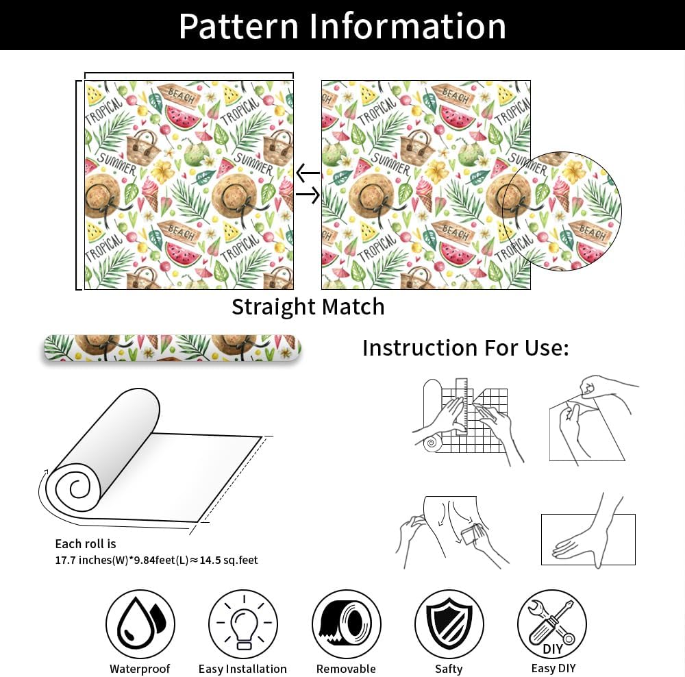 Summer Wallpaper,17.71" x 118.1" Peel and Stick Wallpaper Hat, Watermelon, Ice Cream, Coconut, Leaves Removable Waterproof Contact Paper Decorative Vinyl Wallpaper for Bedroom Living Room