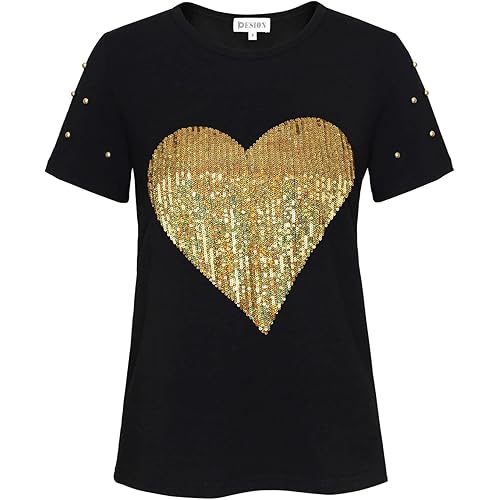 PESION Womens Short Sleeve T-Shirt Sequined Tops O-Neck Funny Graphic Tees Blouse