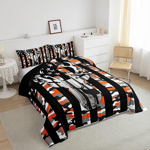 Miniatura 5 de Juego de edredón Queen con bandera estadounidense, edredón de camuflaje naranja con cuernos y hojas grises para hombres adultos, juego de ropa de