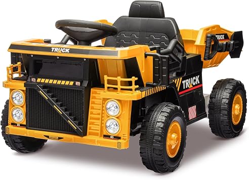 12V Ride On Dump Truck for Kids,Remote Control Electric Construction Vehicle with Dump Bed & Shovel, Music, High/Low Speed, 4-Wheel Shock Absorption,Toy Car Gift for Boys & GirlsYellow