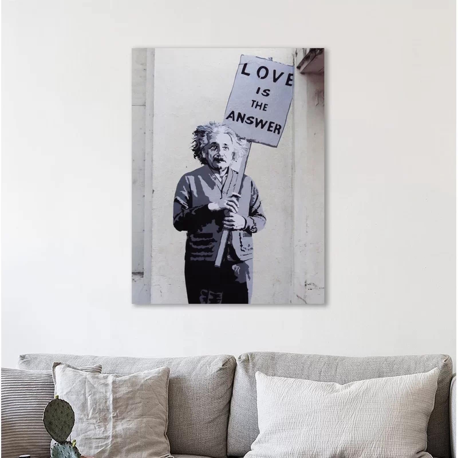 Einstein, Love Is The Answer II por Banksy Canvas Art Posters and Prints with Framed Farmhouse Wall Decor Murals 90x70cm Marco interno