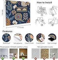 Vista 7 de Papel tapiz de vinilo autoadhesivo autoadhesivo con diseño botánico floral vintage, bohemio, extraíble, impermeable, para paredes de baño
