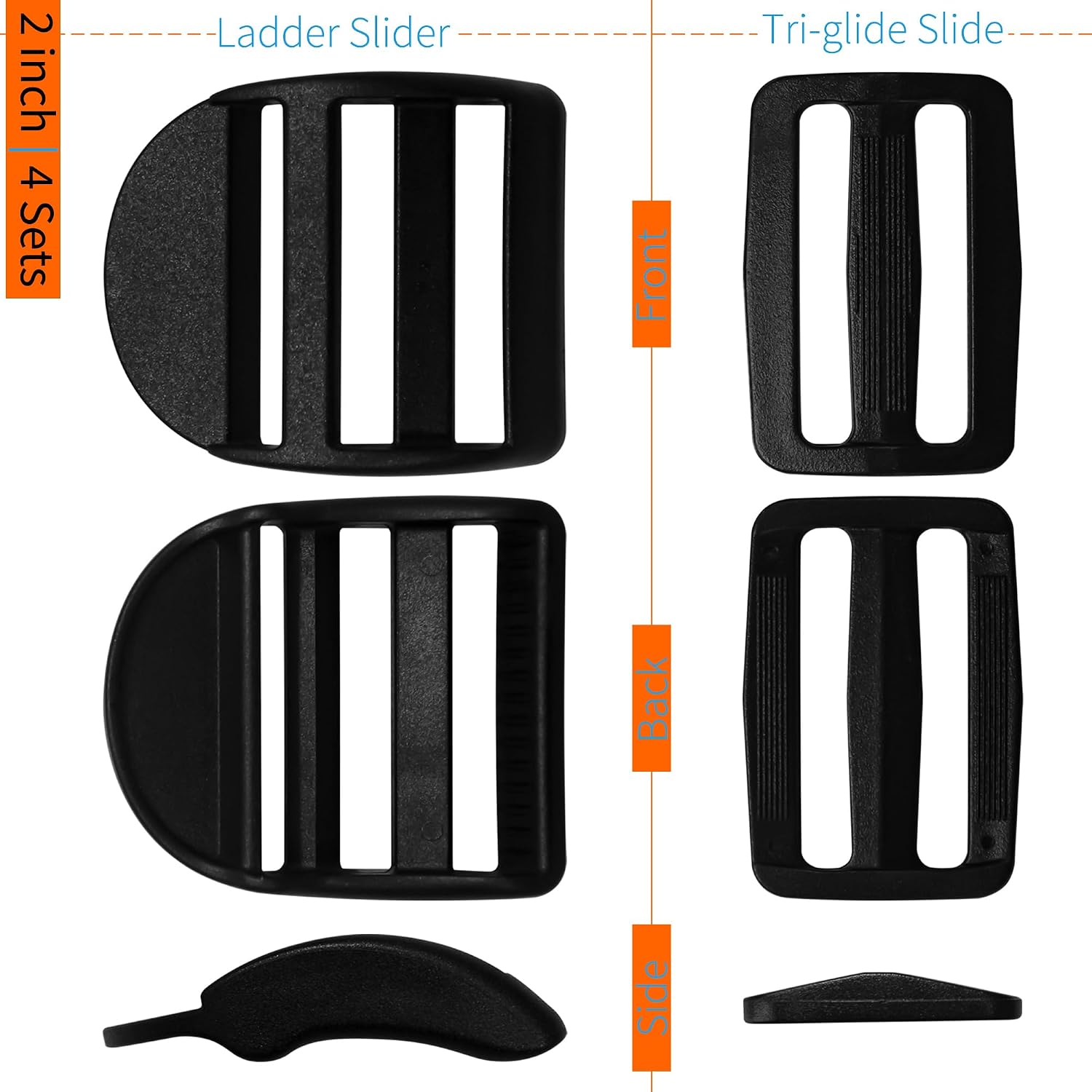 LASIGHT 4 Pack Slider Ladder Lock Buckle and Tri-glide Slide for 3/4", 1", 1-1/4", 1-1/2", 2" Webbing Strap