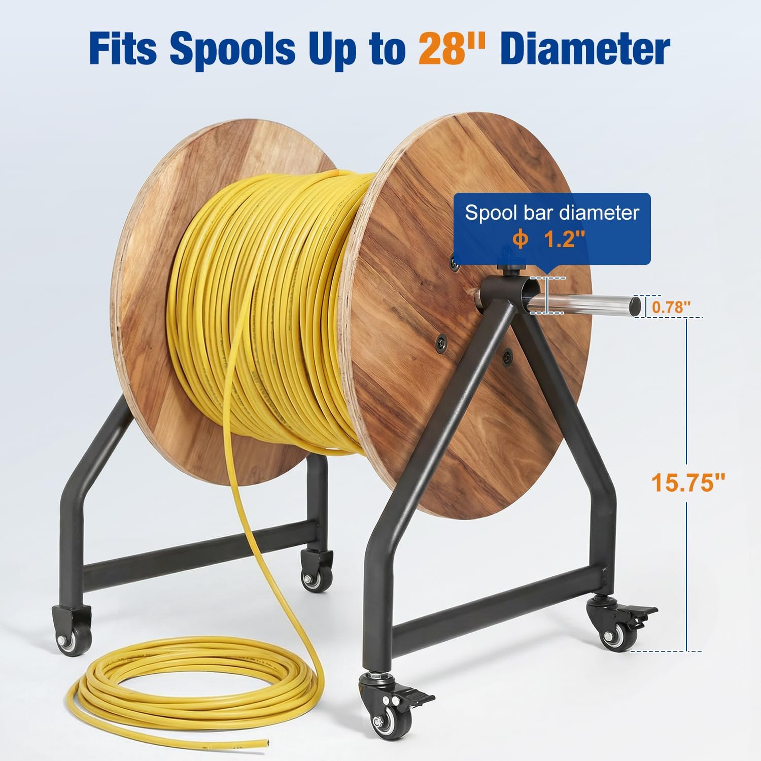 Wire Spool Rack with Wheels, Portable Cable Caddy Holds 28" Spools 250 lbs, Industrial Steel Welded Frame Includes Spool Bars