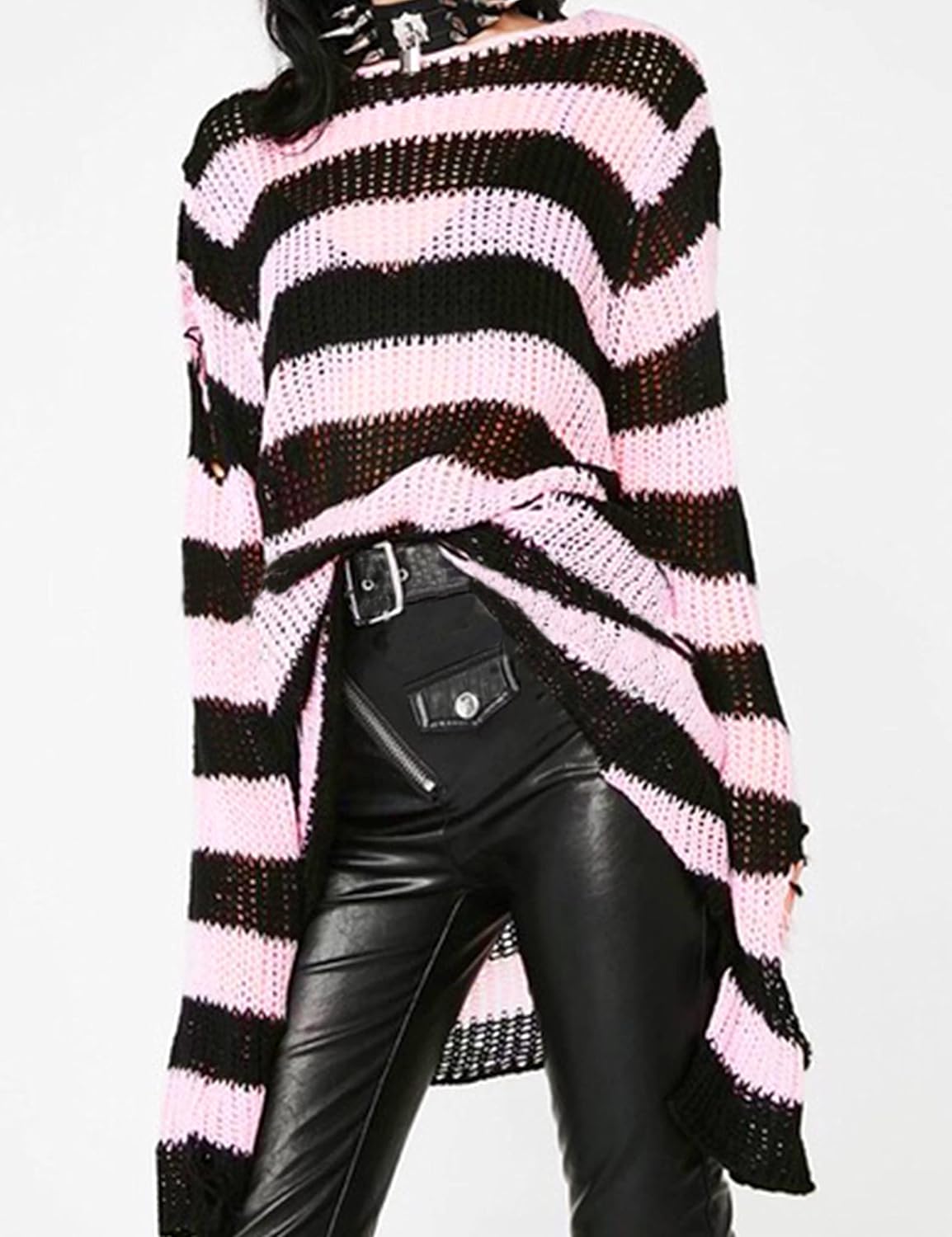 Zhiyouni Punk Gothic Sweater for Women Men Hollow Out Loose Knit Pullover Tops - Image 2