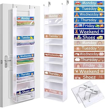 2 Pack 5 Shelf Weekly Clothes Organizer for Kids Over the Door Hanging Storage Monday through Friday Heavy Duty Clothes Organization for Bathroom Nursery Bathroom KitchenWhite