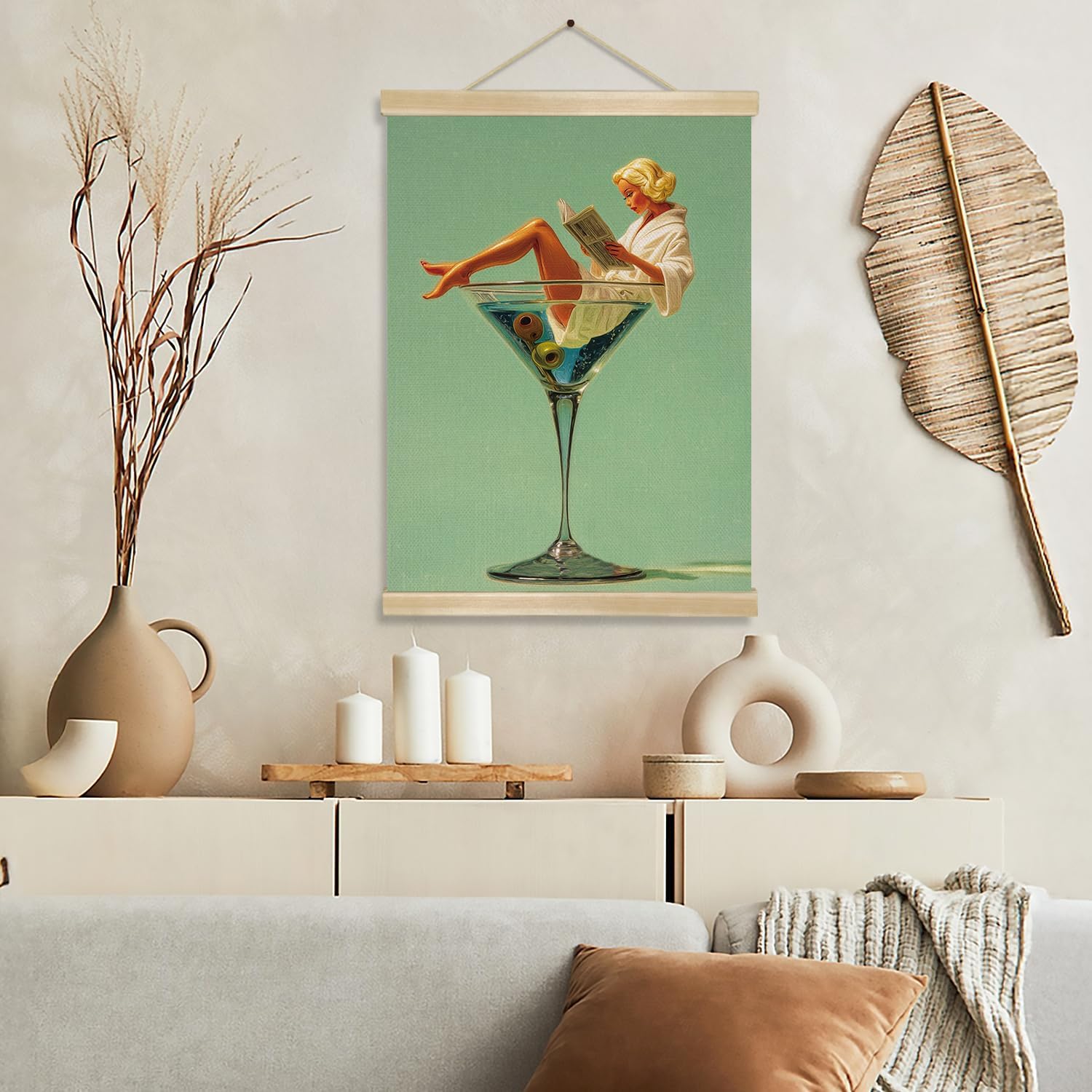 Martini Girl Wall Art, Vintage Glam Cocktail Poster, Retro Fashion Woman in Martini Glass Canvas Print, Chic Bar Lounge Wall Decor for Dining Room Kitchen or Home Office,Holiday Gift for Women 14x18.5 Inch (Green-Woman03)