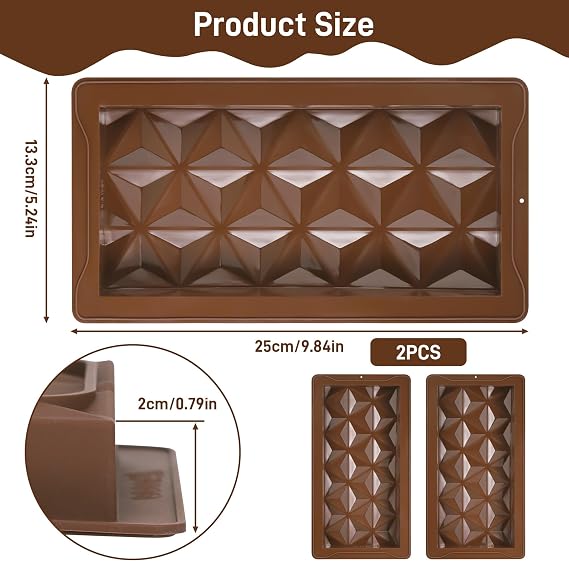 2PCS Chocolate Bar Molds, Silicone Chocolates Bar Molds, Easy Release and Durable Deep Chocolate Mold for Dubai Chocolates DIY Pistachios Bar Kitchen Baking