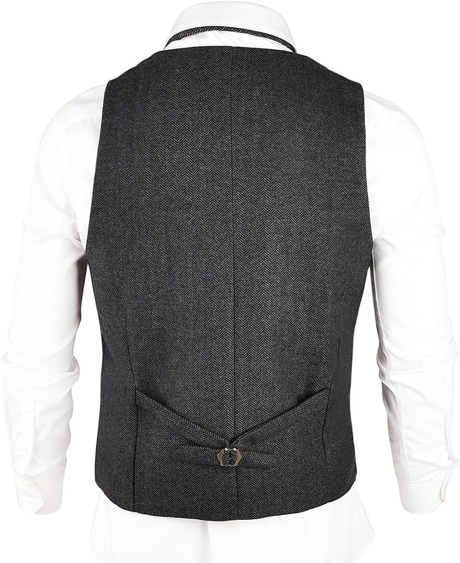 VOBOOM Mens Herringbone Tailored Collar Waistcoat Fullback Wool Tweed Suit Vest