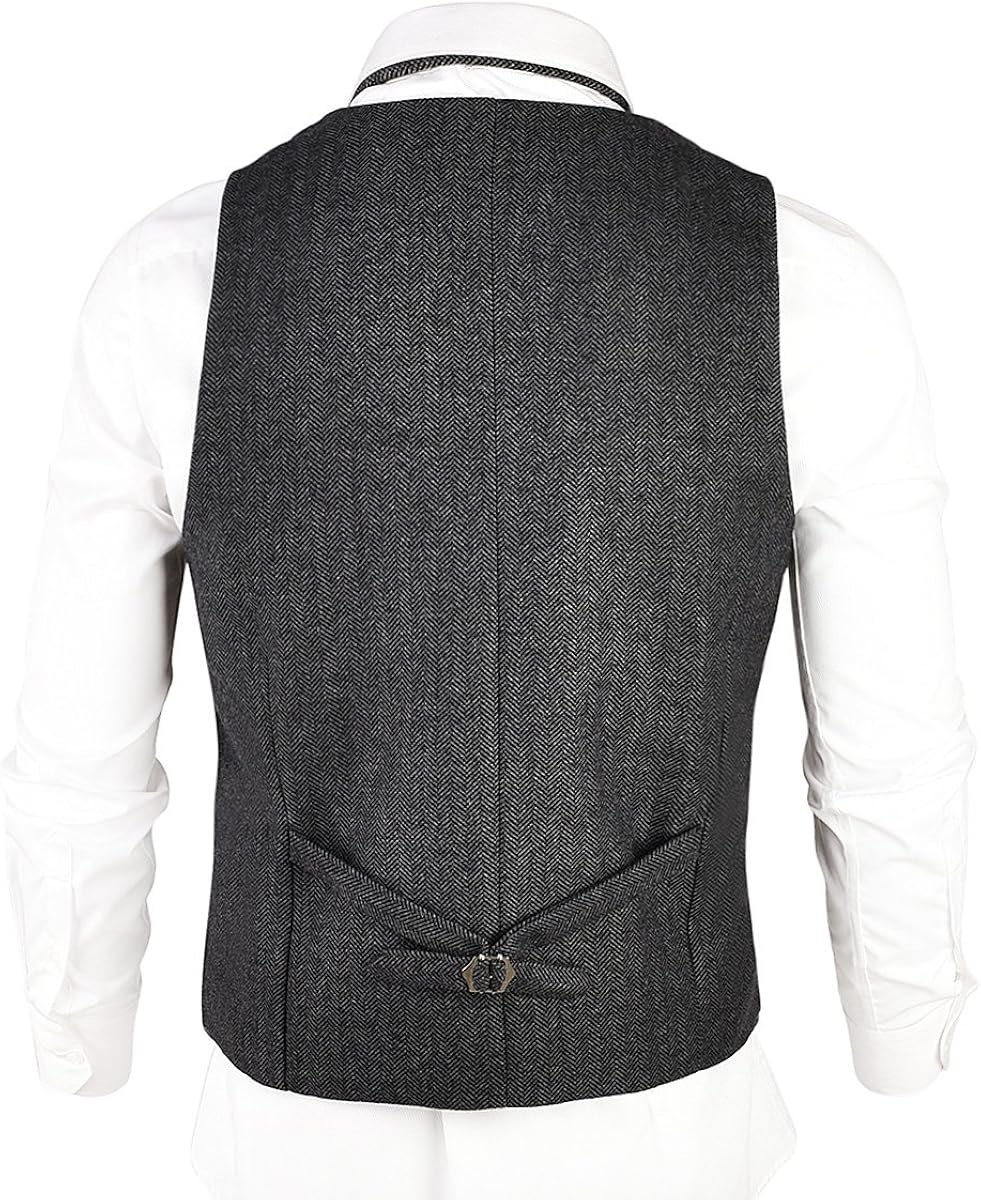 VOBOOM Mens Herringbone Tailored Collar Waistcoat Fullback Wool Tweed Suit Vest at  Men’s Clothing store
