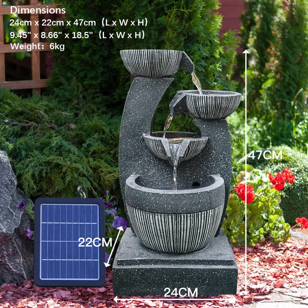 BTGGG Solarbrunnen für Draußen, 4-Stufiger Solar Springbrunnen für Außen, Solar Gartenbrunnen, Springbrunnen mit LED Beleuchtung, Zimmerbrunnen Wasserspiel Solar für Garten, Terrasse, Balkon Deko