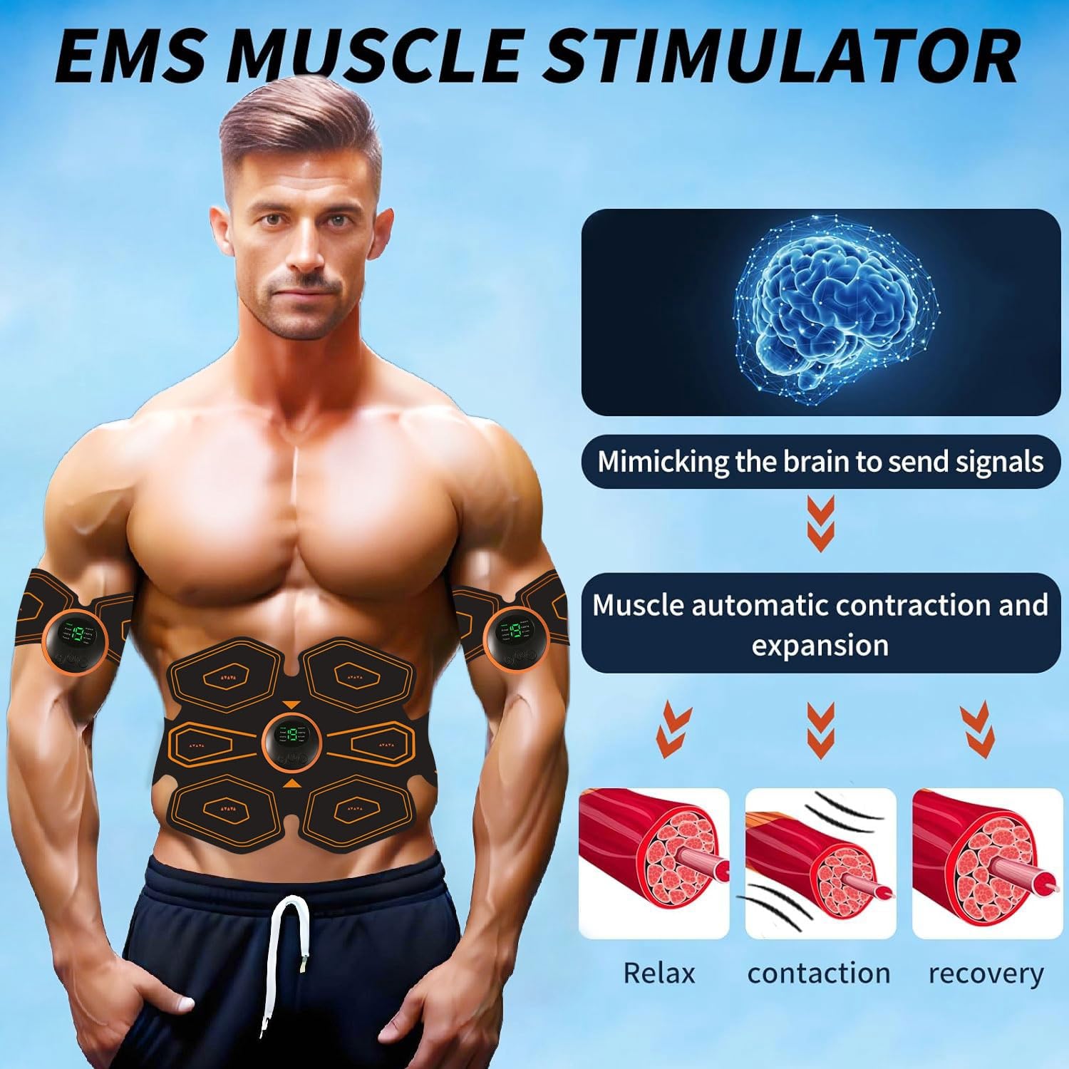 Electroestimulador Muscular, EMS Abdominales Cinturón, Estimulador Muscular Abdominales, Masajeador Eléctrico Cinturón con USB Recargable para Abdominales Brazos Piernas