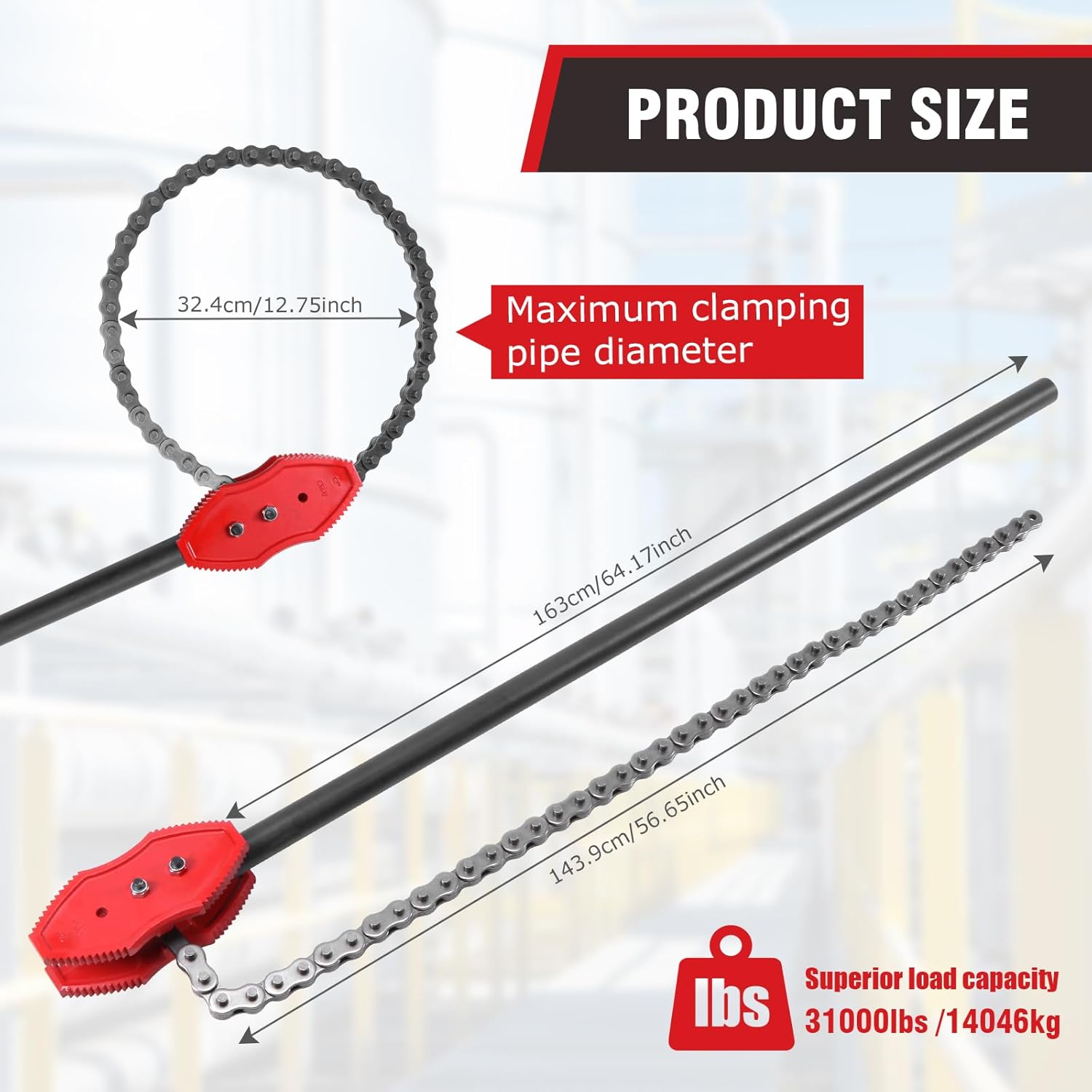 ASIEIT 64in Pipe Wrenchs with 56.7in Chains Length Chain Pipe Wrench Heavy Duty Chain Tongs for 2-12in Pipes Diameters Installation Repair