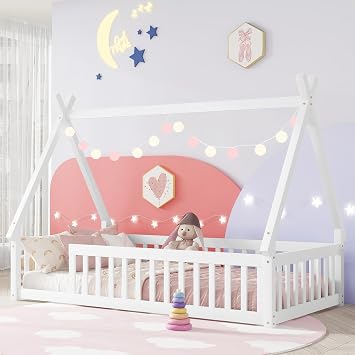 Twin Floor Bed Frame with Fence Rails, Montessori Floor Bed Twin with Slats Support, Wood Teepee Tent Beds Kids Bed Frames for Girls Boys, White