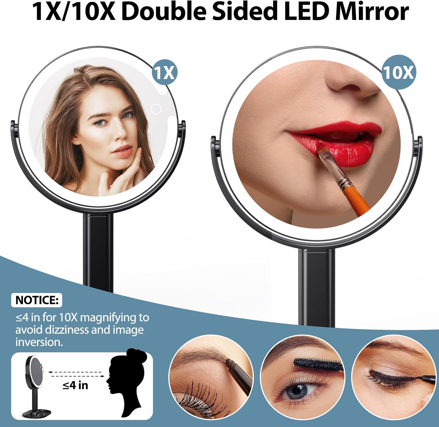 8" Lighted Makeup Mirror with Magnification, 1X/10X Magnifying Double Sided Mirror, 360° Swivel Standing Vanity Mirror with 3 Color Lights, Black (1 pcs)