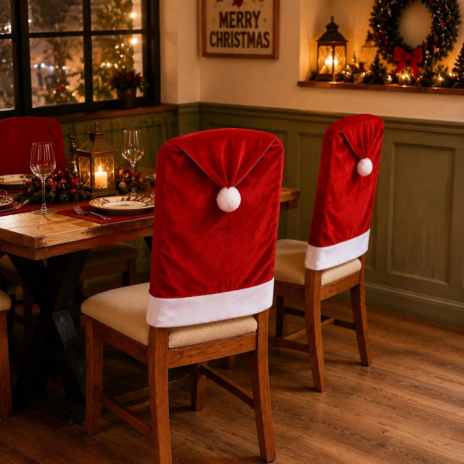4 Pack Christmas Chair Covers,Santa Hat Velvet Seat Cover Set