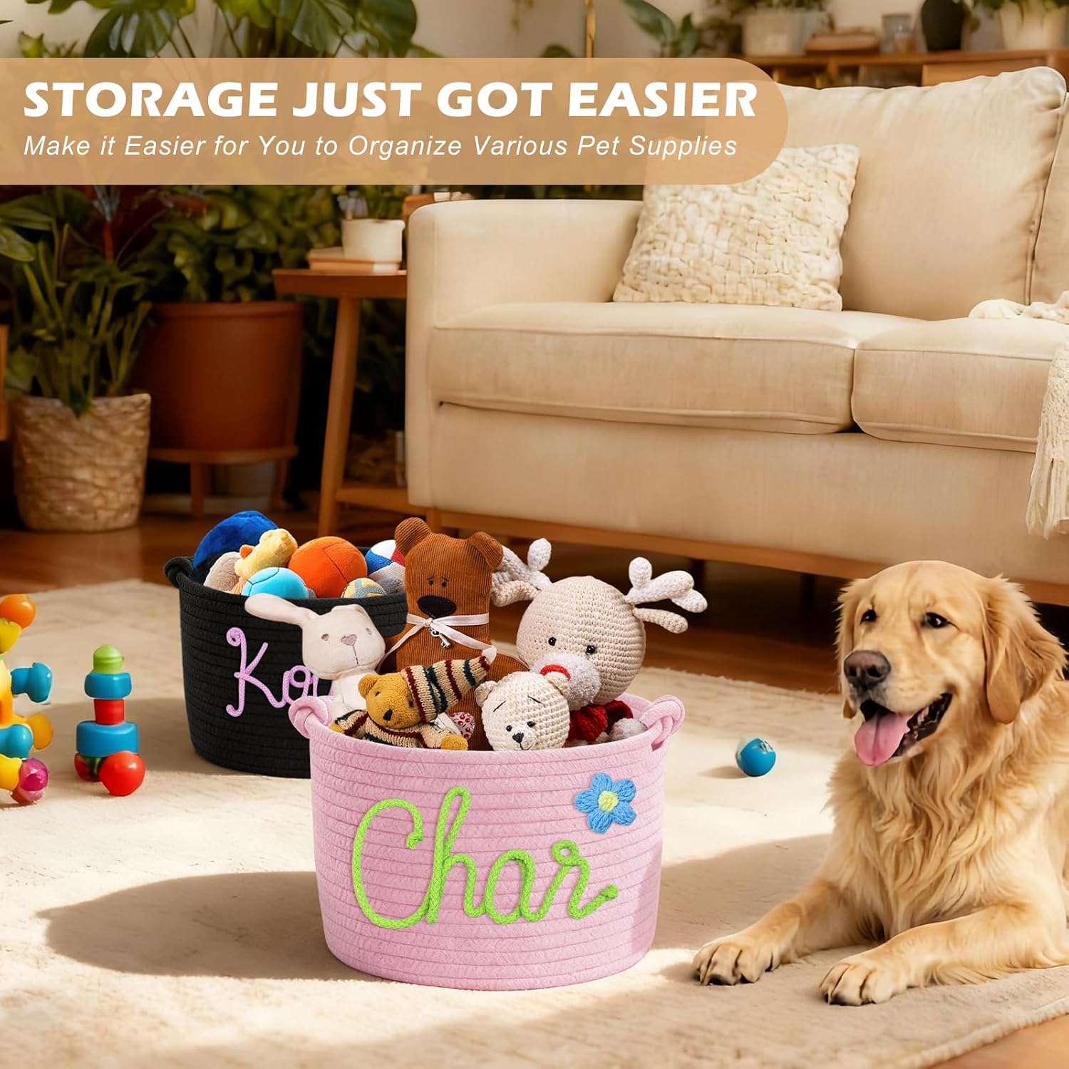 Personalized Dog Toy Storage Basket Custom Cotton Woven Bin with Pet's Name Rope Storage Organizer for Dog's Toys Clothing Blankets