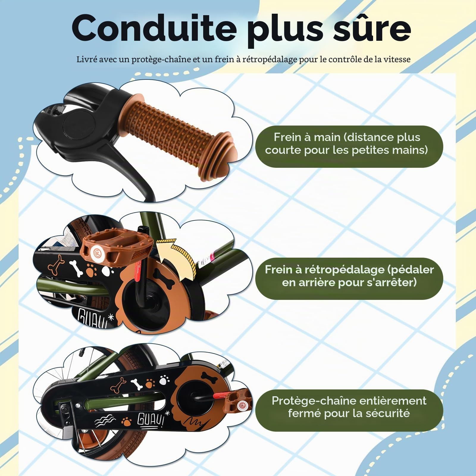 RULLY Vélo enfant 12-16 pouces avec roues stabilisatrices frein à rétropédalage frein à main panier