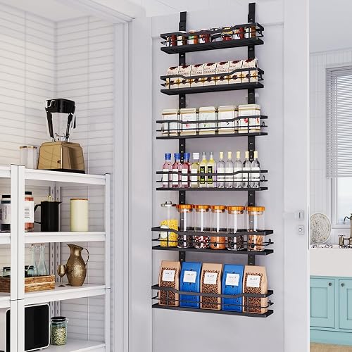 Eastherry Over The Door Pantry Organizer，6-Tier Over The Door Organizer with Adjustable Basket，Metal Hanging Pantry Organizers and Storage for Kitchen, Back of Door Seasoning Rack (Black)