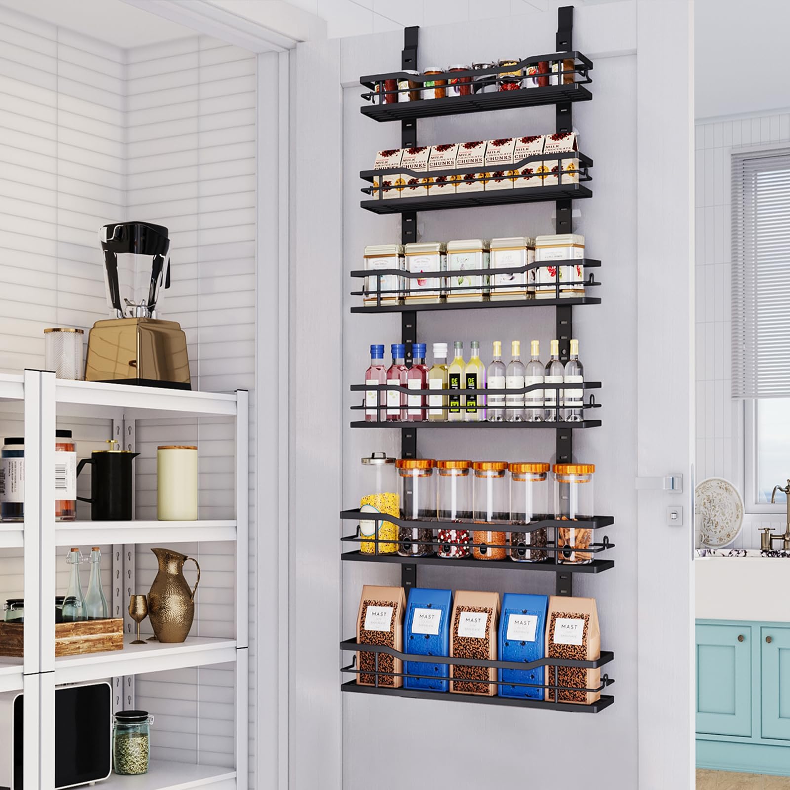Eastherry Over The Door Pantry Organizer，6-Tier Over The Door Organizer with Adjustable Basket，Metal Hanging Pantry Organizers and Storage for Kitchen, Back of Door Seasoning Rack (Black)