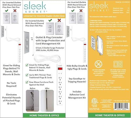 Miniatura 4 de Sleek Socket Protector de sobretensiones de 6 salidas para tomas invertidas, corrector de salida ultrafino con kit de corrector de cable, cable de 6
