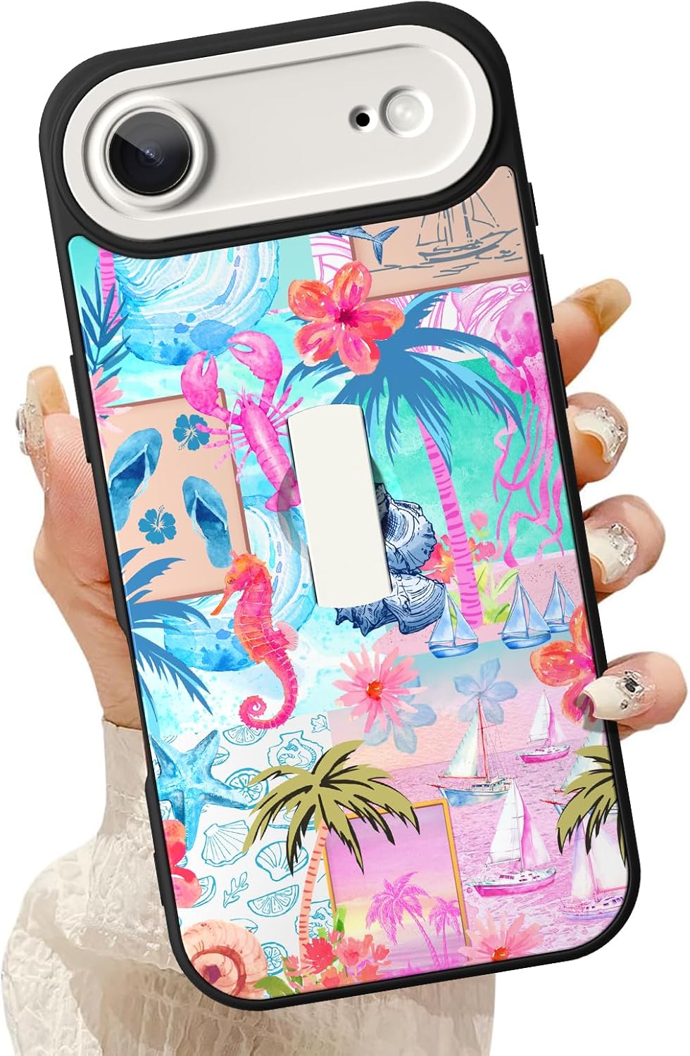 KANGHAR Compatible with iPhone Air Case Summer Collage Sea Beach Pattern Finger Stand Design Full Body Rugged Shockproof Protection Glossy Protective Kickstand Phone Cover 6.7 Inch Blue