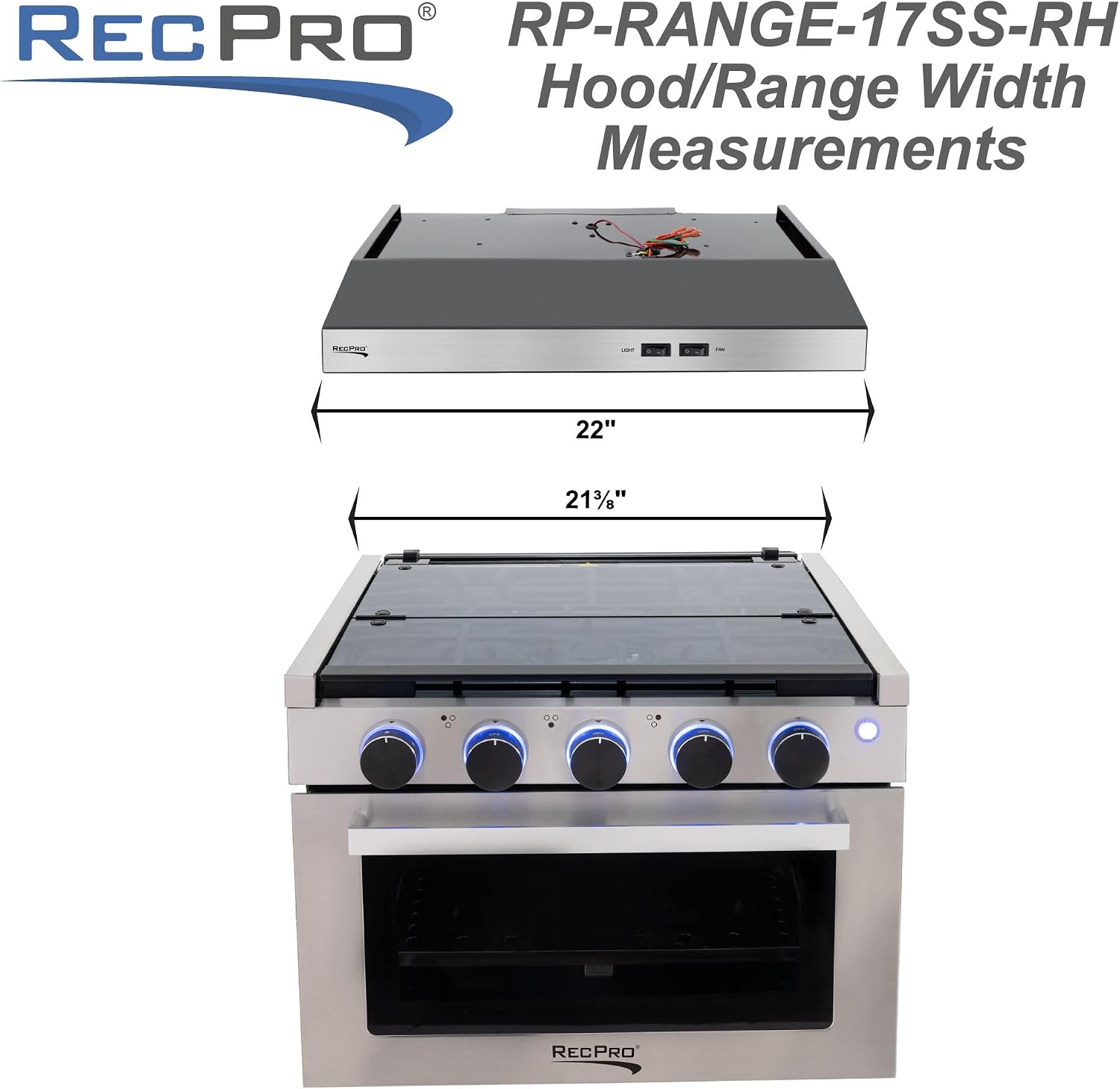 RecPro RV Stove | 21" x 17" Cooktop | 17" Tall Gas Range | 3 Burner | 1.8 Cu. Ft | 7100 BTU | Black or Silver Finish | Optional Vented Range Hood (Stainless, With Range Hood)