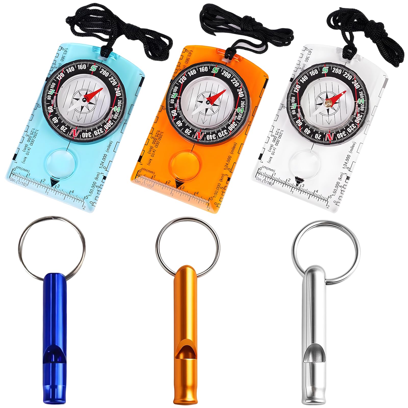 6-Piece Set Compass Navigation, 3 Compasses with 3 Emergency Whistles for Outdoor Activities and Survival, Compact Design for Easy Carry, It is the first choice for outdoor enthusiasts