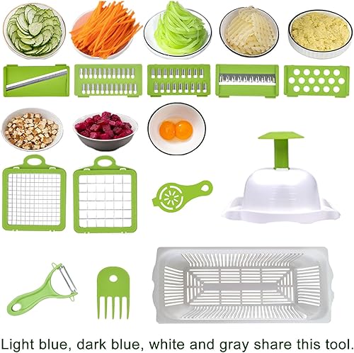 Miniatura 3 de Picador de verduras con recipiente, cortador de alimentos multifuncional 14 en 1 y espiralizador 8 cuchillas de acero inoxidable, apto