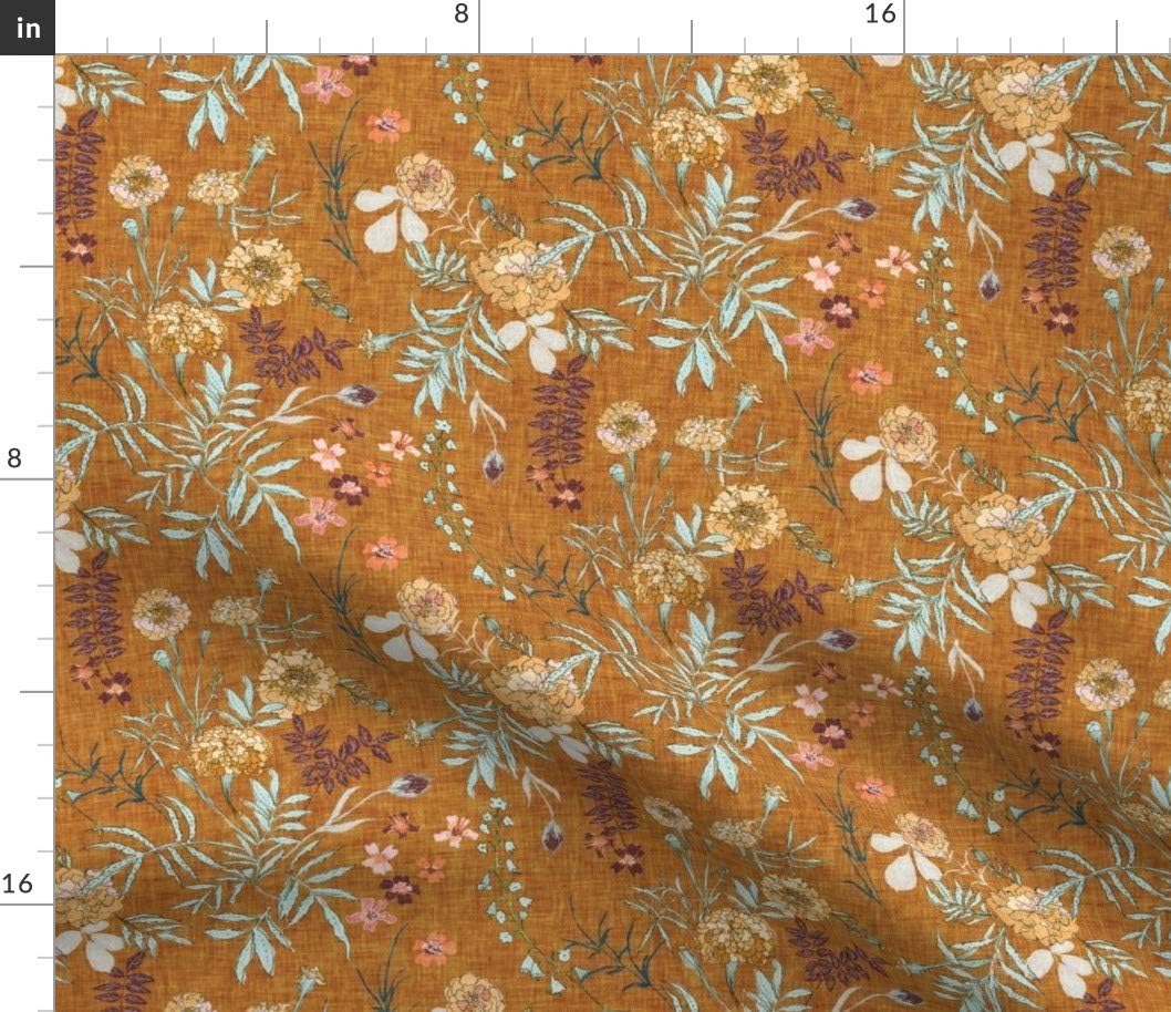 Spoonflower Fabric - Flower Yellow Gold Fall Autumn Floral Leaves Boho Mustard White Green Printed on Petal Signature Cotton Fabric by The Yard - Sewing Quilting Apparel Crafts Decor