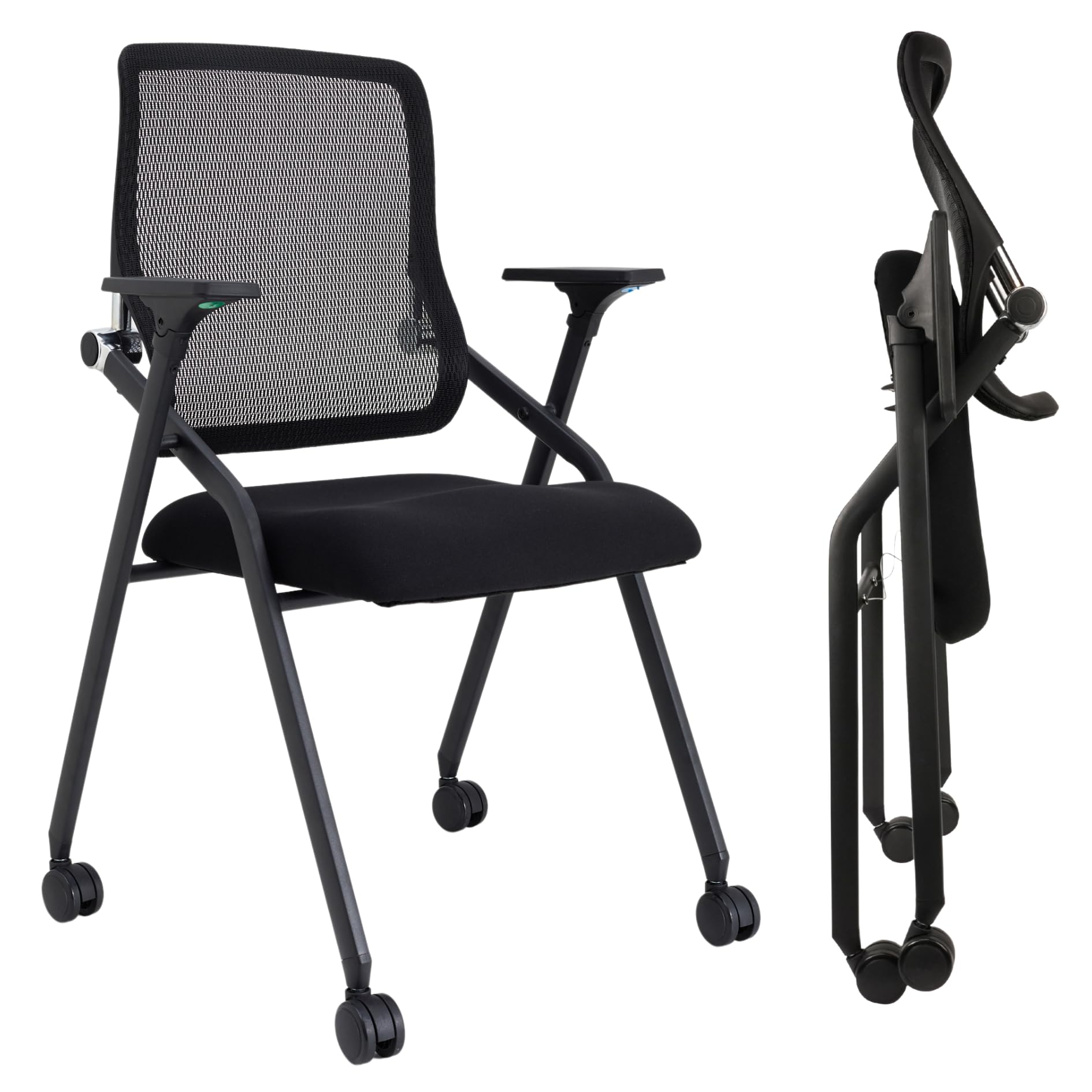 Updated Conference Room Chairs, Folding Office Desk Chair with Lumbar Support and Sliding Armrest with Casters, Office Guest Chairs &amp; Reception Chairs, 2 Pack Black