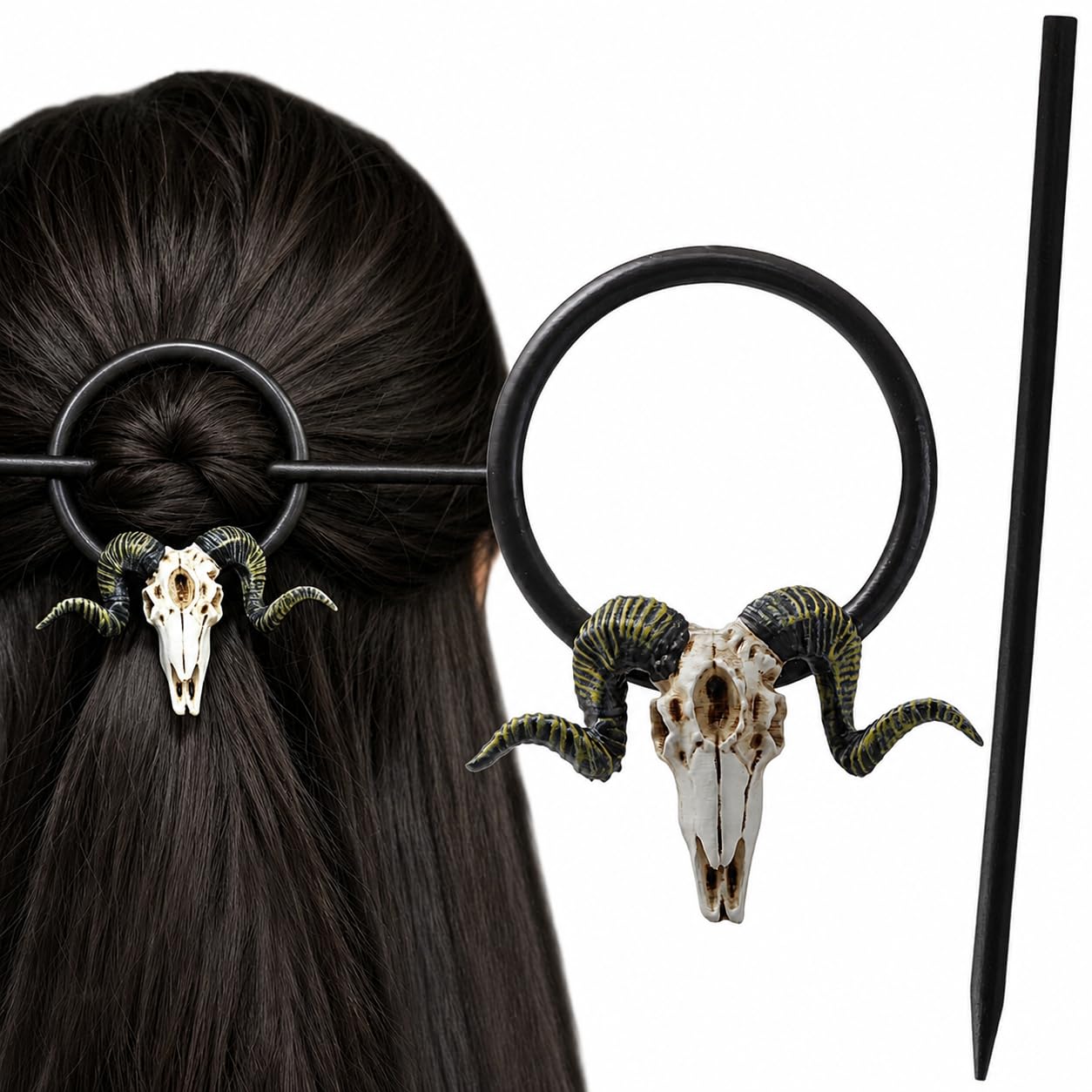 Gothic Ram Skull Hair Clip for Women, Hand Painted Dark Fantasy Hair Accessory, Viking Witchy Hair Barrette for Bun Hairstyles and Alternative Fashion