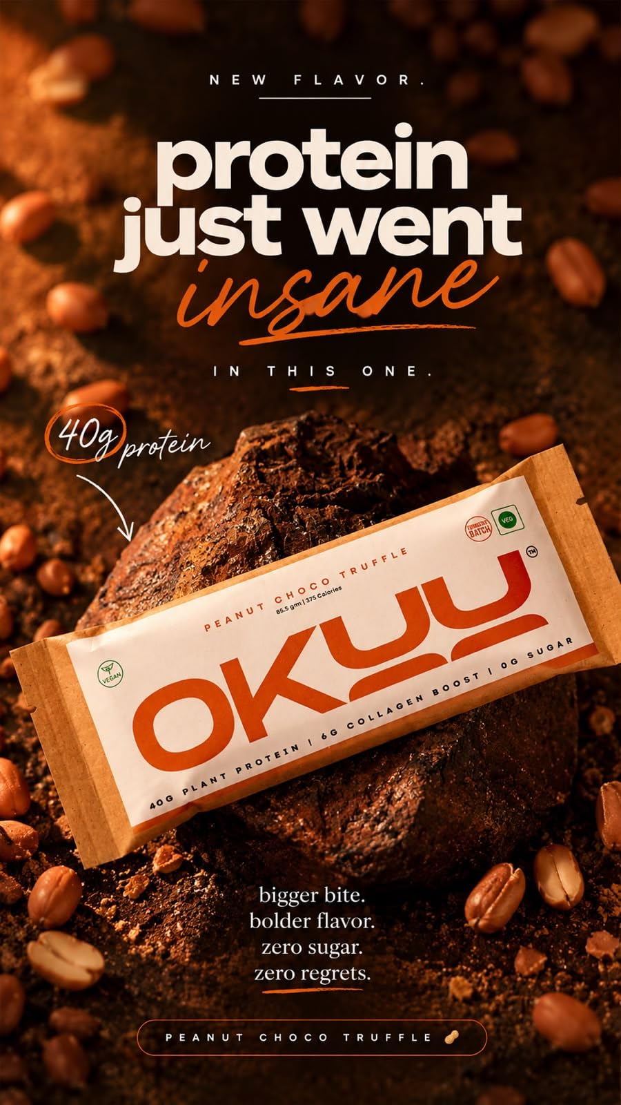 OKUU Peanut Choco Truffle 40 G Powerful Protein Bar | 14G Fiber, Zero Sugar & Collagen Boost Inside | Pack of 10 — Amazon image 3