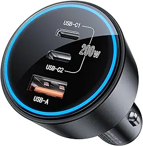 The 200W USB C Car Charger with Dual PD 100W ports, plugged into a car's socket.