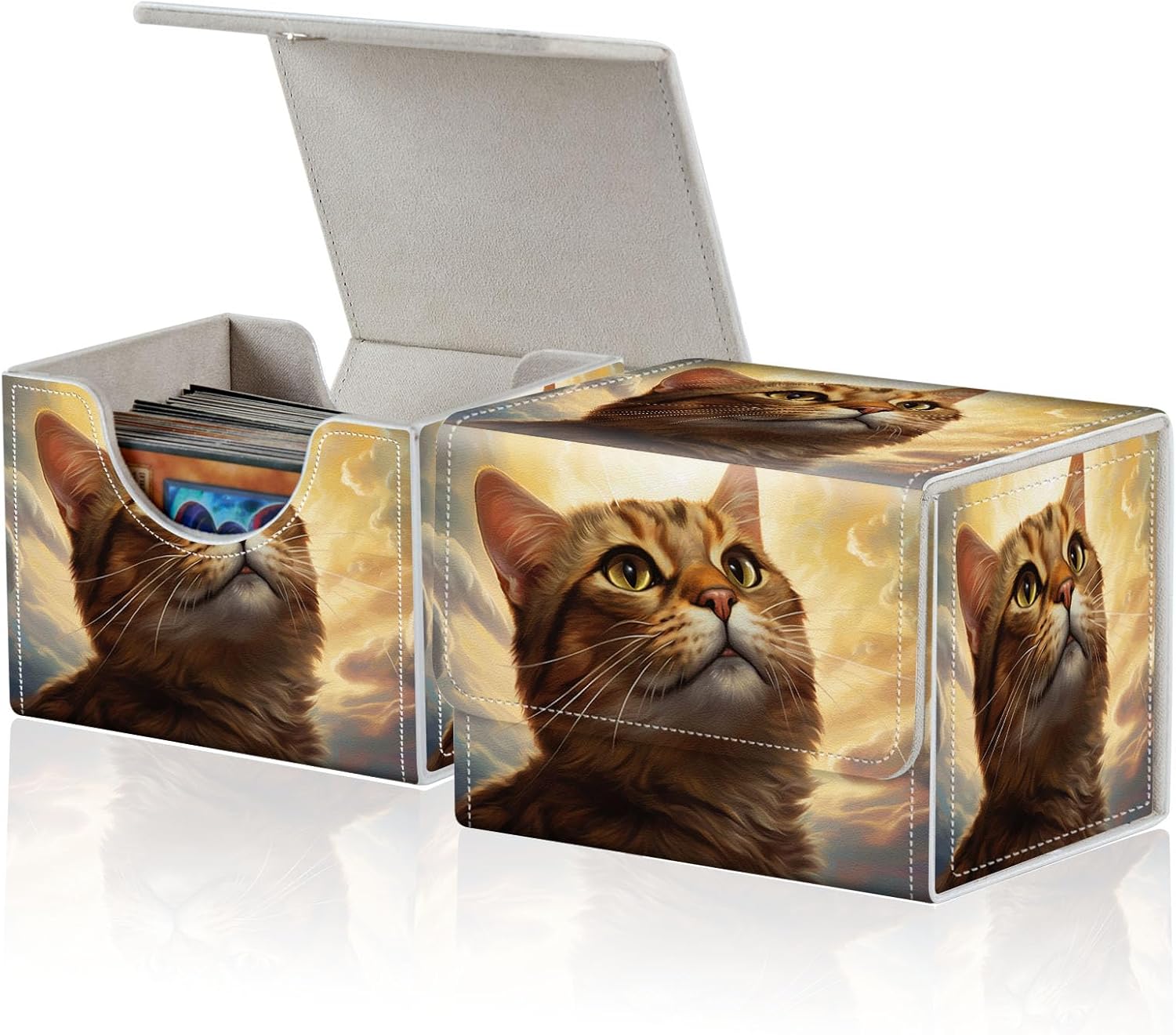 for MTG Commander Deck Box,Card Deck Box for Trading Yugioh MTG,Fits 100 Double Sleeved Cards,PU Leather Strong Magnet Case for Magic Commander TCG CCG,Cute Cat