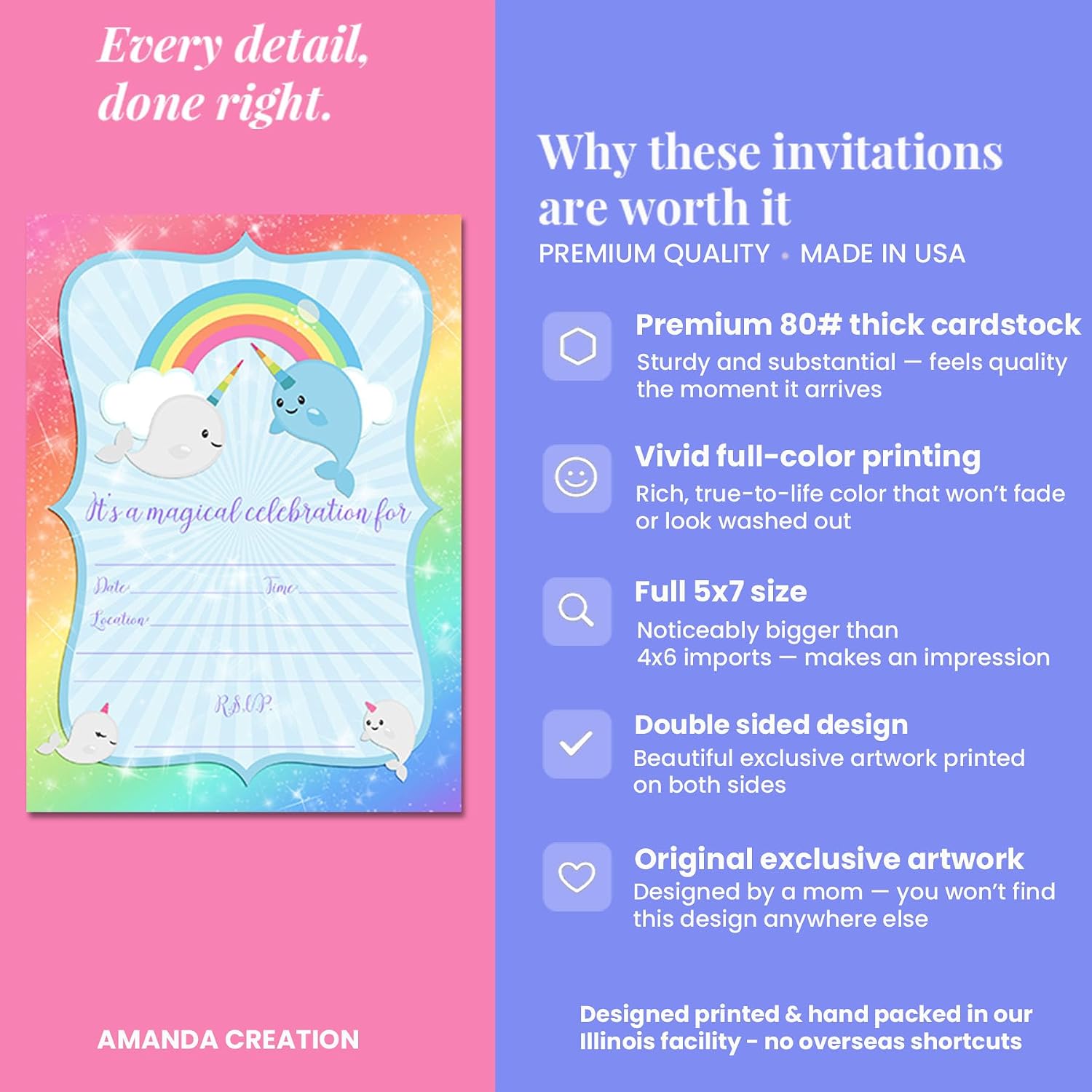 Amanda Creation Narwhal, Unicorn of the Sea Birthday Party Fill In Invitations, set of 20 including envelopes