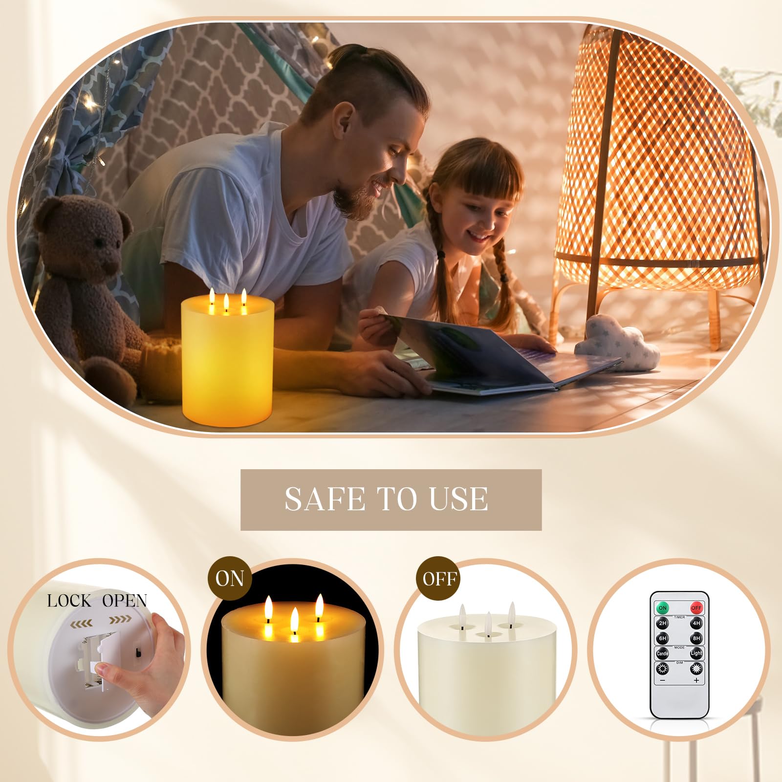 Retisee 1 paquete de velas sin llama extra grandes de color marfil de 6 x 8 pulgadas, clásicas | LED funciona con pilas, 3 mechas, vela parpadeante, decoración de Navidad, boda, fiesta