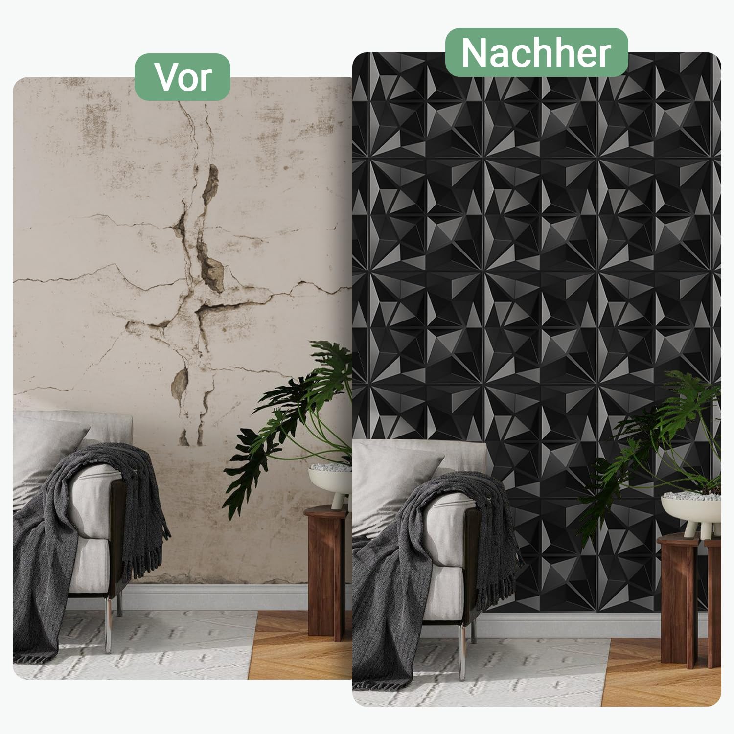 Panele ścienne 3D PCW, 24 sztuki 30 x 30 cm, płyty ścienne 3D ok. 2,16 m², wzór diamentowy w kolorze matowej czerni, odporne na odkształcenia, wodoodporne, do salonu, okładziny ścienne, z taśmą
