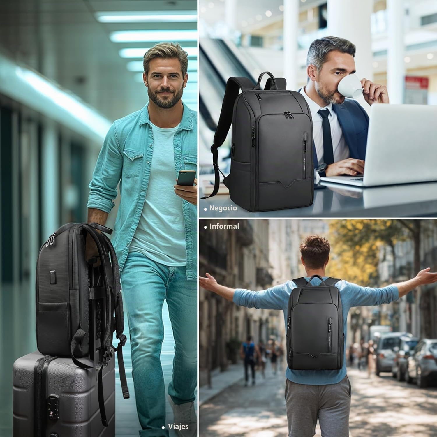 Mochila para Hombre Unisex para Laptop de 15,6 pulgadas Equipaje de Mano Ordenador Portátil Impermeable para Negocios, Viaje, Universidad con Puerto USB-Negro