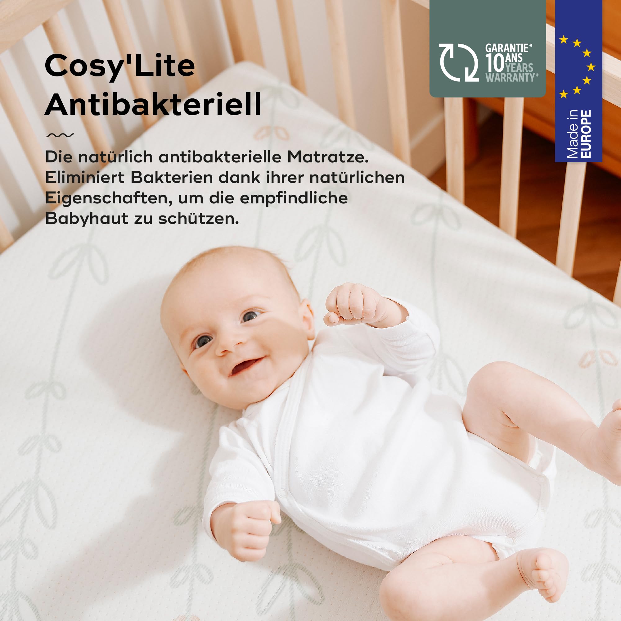 Babymoov Cosy'Lite Babymatratze Antibacterial 70x140 cm - keine chemische Behandlung - Dicke 10 cm - Made in Portugal - Abnehmbarer Bezug - Öko-Tex zertifiziert