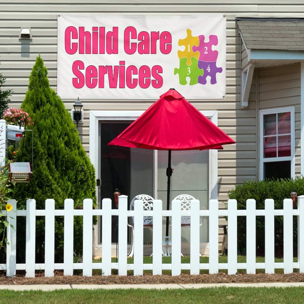 Vinyl Banner Multiple Sizes Child Care Services Education Outdoor Weatherproof Industrial Yard Signs White 4 Grommets 16x40Inches