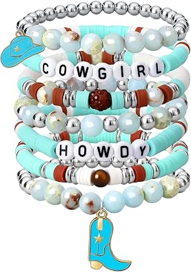 7Pcs Western Cowgirl Bracelets,Rainbow Clay Beaded Bracelet,Vintage Beaded Western Bracelet,Stackable Bohemian Bracelets for Women Cowgirl