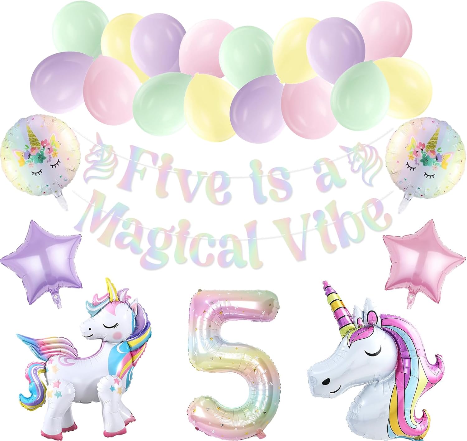Five is a Magical Vibe Unicorn Party Balloon Pack Holographic Five is a Magical Vibe Banner for Pastel Unicorn 5th Birthday Party Decorations